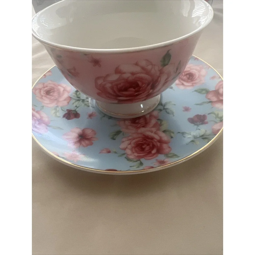 Brew To A Tea BTAT Mug Cup and Saucer Floral Garden Mint  Pink Porcelain Fine Ch